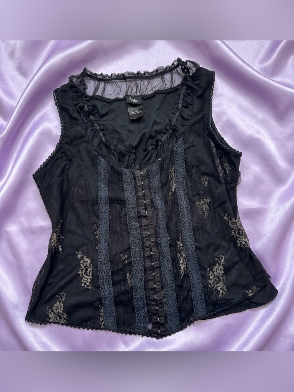 Folia Y2K Vintage Black Lace Corset Style Top - Pastel Goth Fairytale Mesh Tank